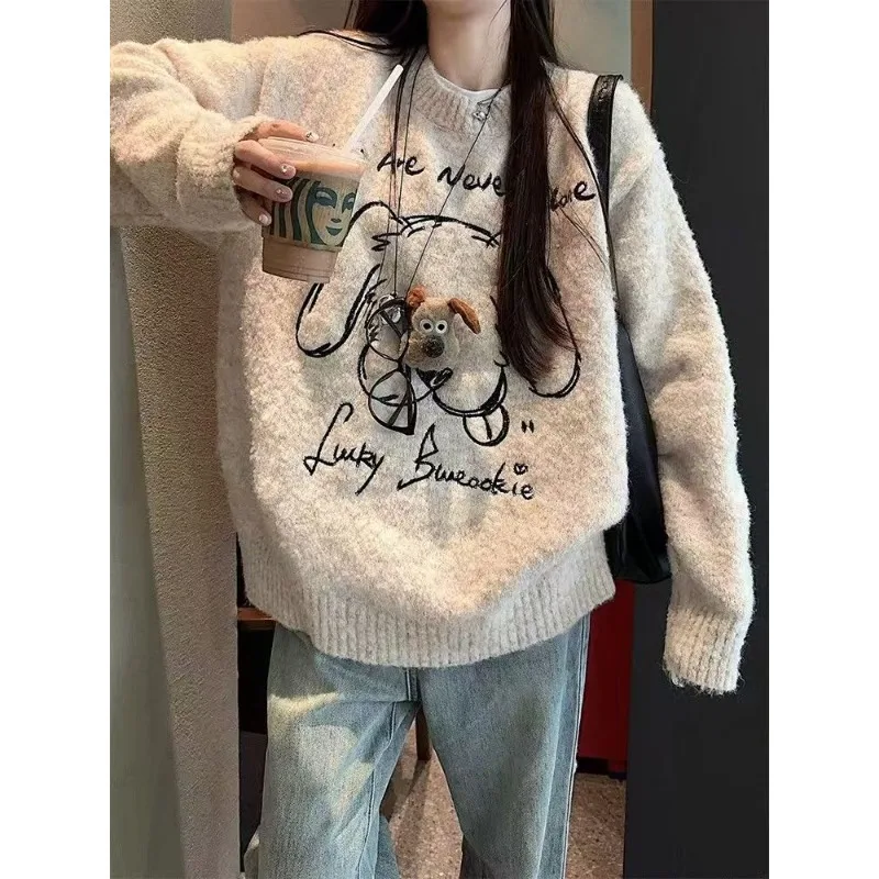 Suéter holgado Retro con cuello redondo para mujer, suéter tridimensional para cachorros, Top reductor de edad informal para otoño e invierno