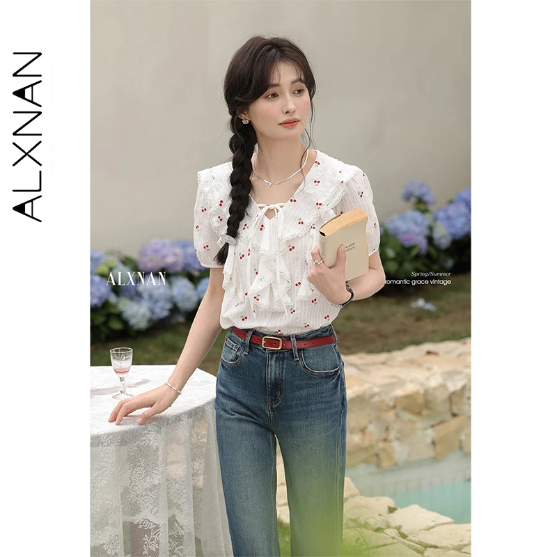 ALXNAN Women Shirt Cute Cherry Print Lace-up Cotton 100% Blouses Peter Pan Collar Flounce Design Short Sleeve Tops Ladies L53556