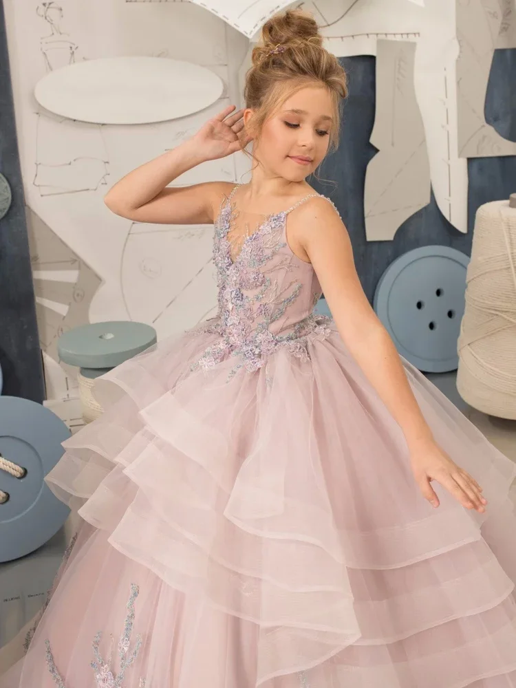 

Birthday Party Banquet Princess Gowns Flower Girl Dresses Dusty Pink Tulle Tiered Floral Pattern Sleeveless For Wedding