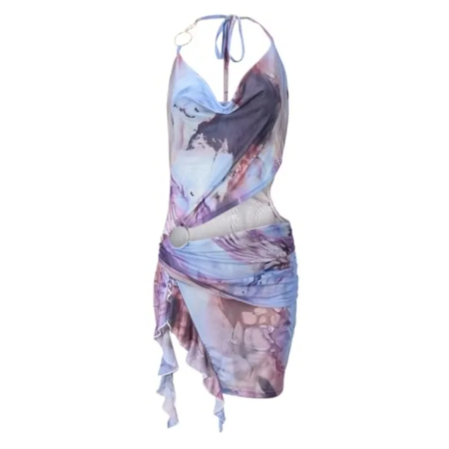 

Women Sexy Sheer Halterneck Mini Dress Hollow Out Colourful Mesh Floral Dress for Beach Party Night