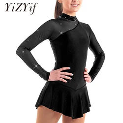 Girls gymnastic Leotard Ballet Dress Kid Skating Dress Long Sleeves Mock Neck Tulle Splice Cutouts Back Figure Ice Skating Dress