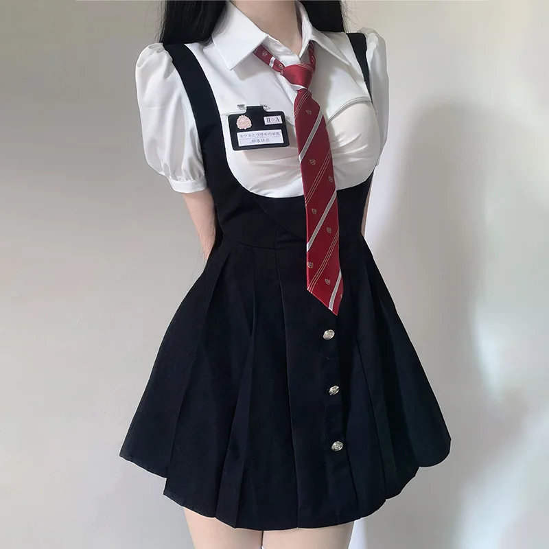 Fino terno JK japonês para meninas, conjunto uniforme estilo universitário americano, saia de camisa com alça, traje coreano de estudante de graduação, americano