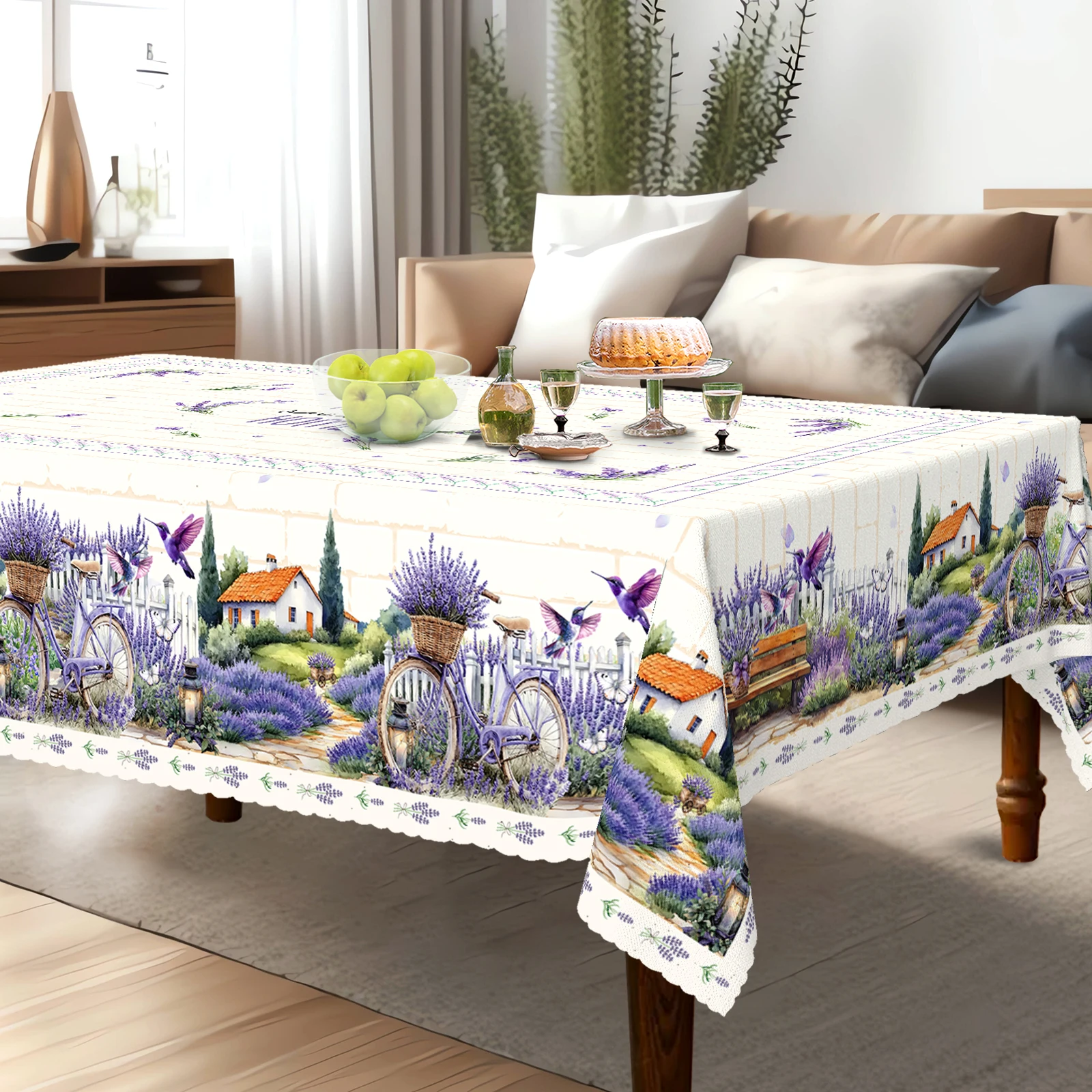 Pastoral Lavender-Themed Tablecloth, Romantic Blooming Lavender, Rural Countryside House, Bicycle, Purple Bluebird Pattern, Multiple Size Options, Embossed Edge Craftsmanship, Waterproof, Wrinkle-Resistant, Fade-Resistant, Suitable for Square and Round Home Kitchen Living Room Dining Tables, Balcony Coffee Tables, Holiday Party Tabletops, Outdoor Picnic Decoration, Tea Table Decoration, Perfect Gift, Spring, Summer, Autumn, Winter, Valentine's Day Decoration Comes with Anti-Slip Stickers. Sj106