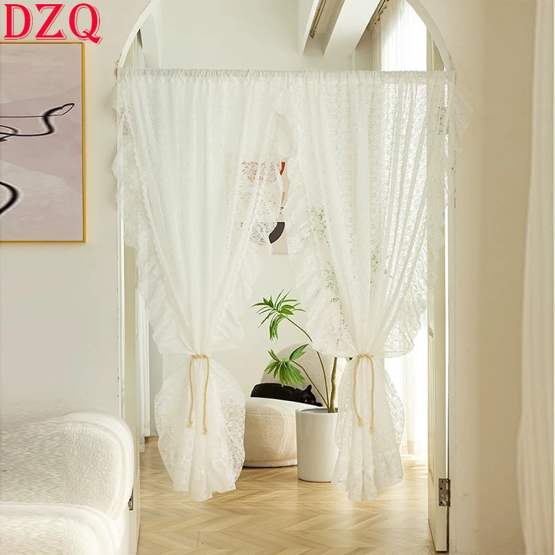 French Idyllic Elegant Solid Light White Warp Ruffled Tulle Curtains for Living Room Romantic Lace Gauze Curtains for Kitchen572