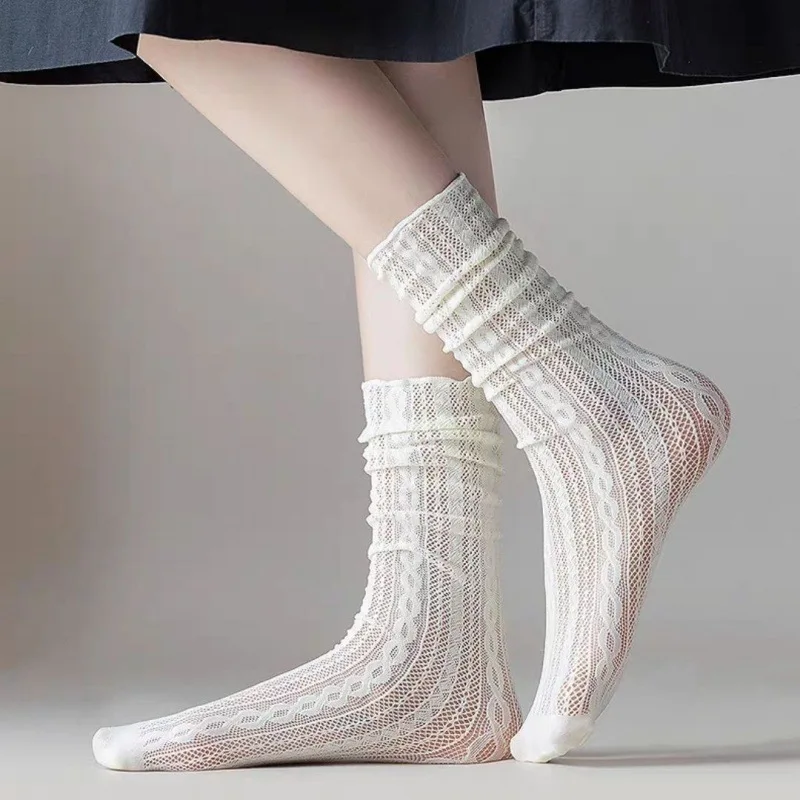 Vintage Women Socks Hollow Out Breathable Mesh Lace Socks Women Japanese Korean Fashion Solid Color Kawaii Cute Loose Long Socks image 2