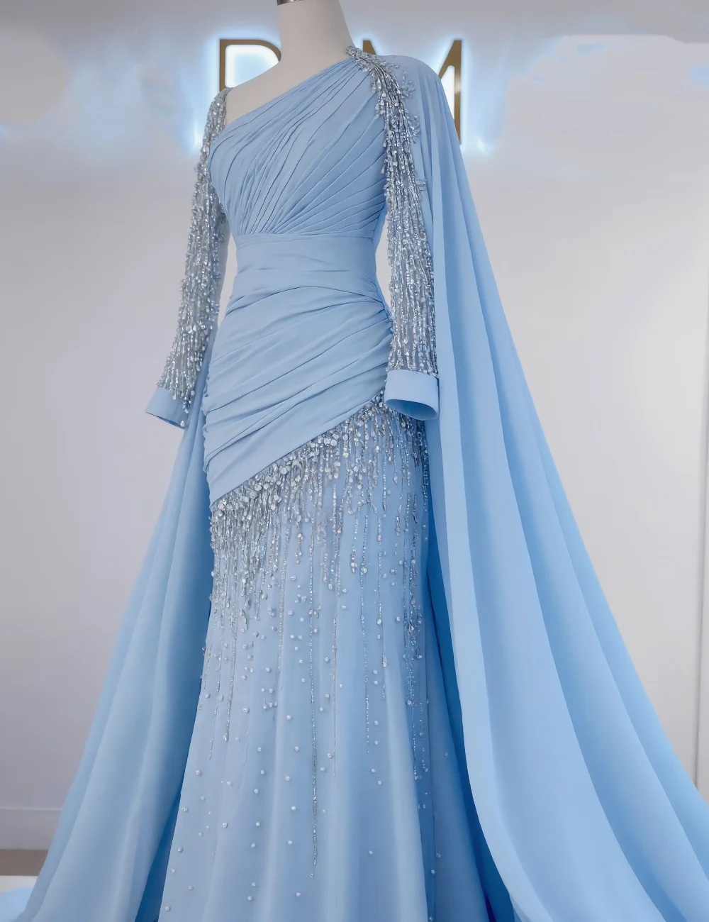 Customized Fashion Chiffon Sequined Pattern Mermaid V-neck Long Quinceanera Evening Dresses High Quality