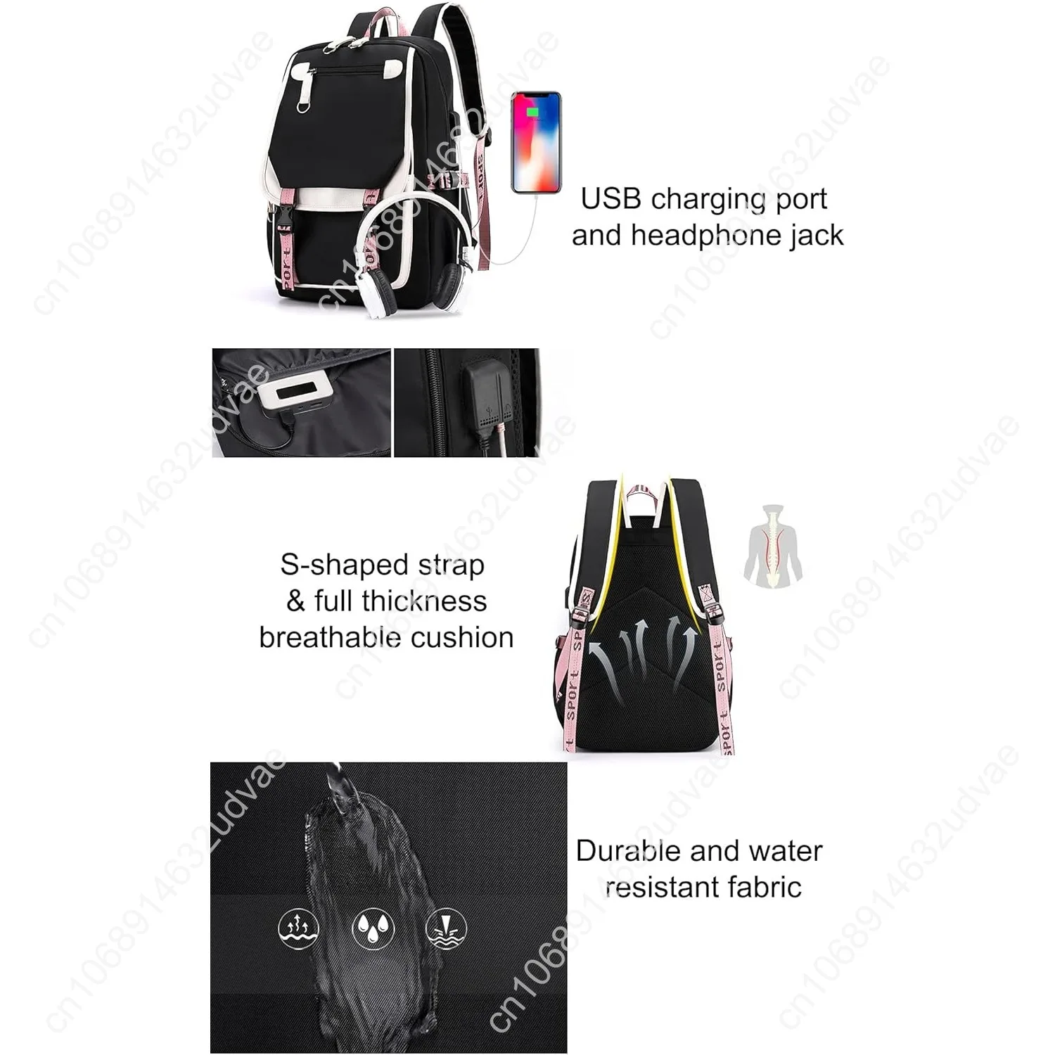 JiaYou Teenage Girls' Backpack Middle School Students Bookbag Outdoor Daypack with USB Charge Port (21 Liters, Black Pink)