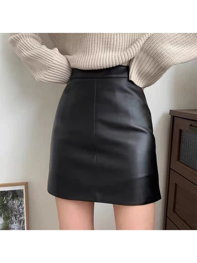 

Юбка А-силуэта с высокой талией, женская, осенне-зимняя, новая, маленький размер, из натуральной кожи, с запахом, короткая
