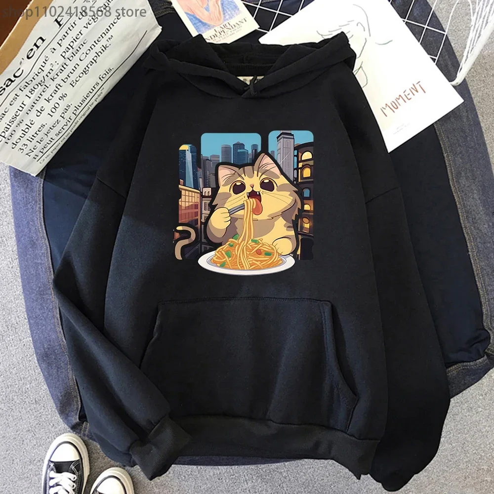 

Cat Eating Spaghetti Hoodie for Women Cartoon Cute Animal Print Sweatshirt Men Aesthetic Clothes Harajuku Kawaii Girl Streetwear