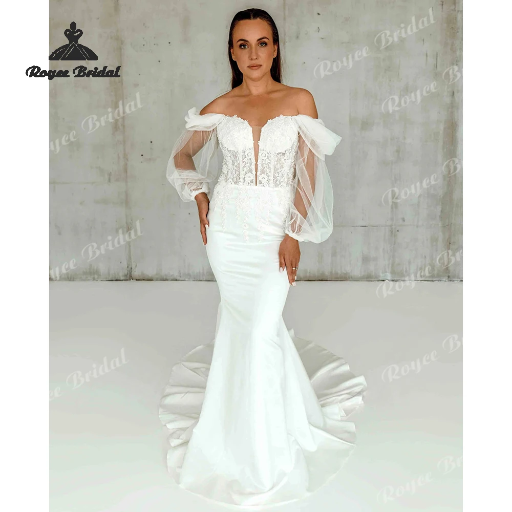 Rustic Deep V Neck Mermaid Wedding Dresses 2026 Off The Shoulder Puffy Sleeves Beach Bridal Gown Customized vestido de novia