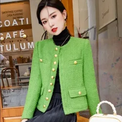 2026 French Elegant Small Fragrance Jacket Women Clothing Autumn Winter O Neck Short Green Tweed Jacket Female Tops Outerwear