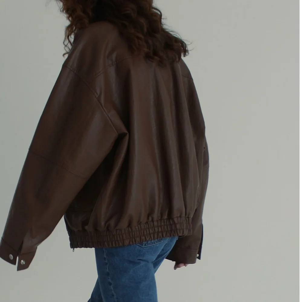 Femmes Chic polyvalent rétro Faion minceur Hong Kong Sle Long Sve PU moto Jaet cuir manteau vêtements d'extérieur