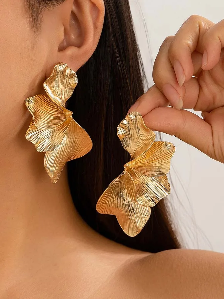 Boucles d'oreilles demi-fleur en feuilles de Ginkgo pour femmes, élégantes, Design sens, pétales de couleur or, Piercing, bijoux pour dames