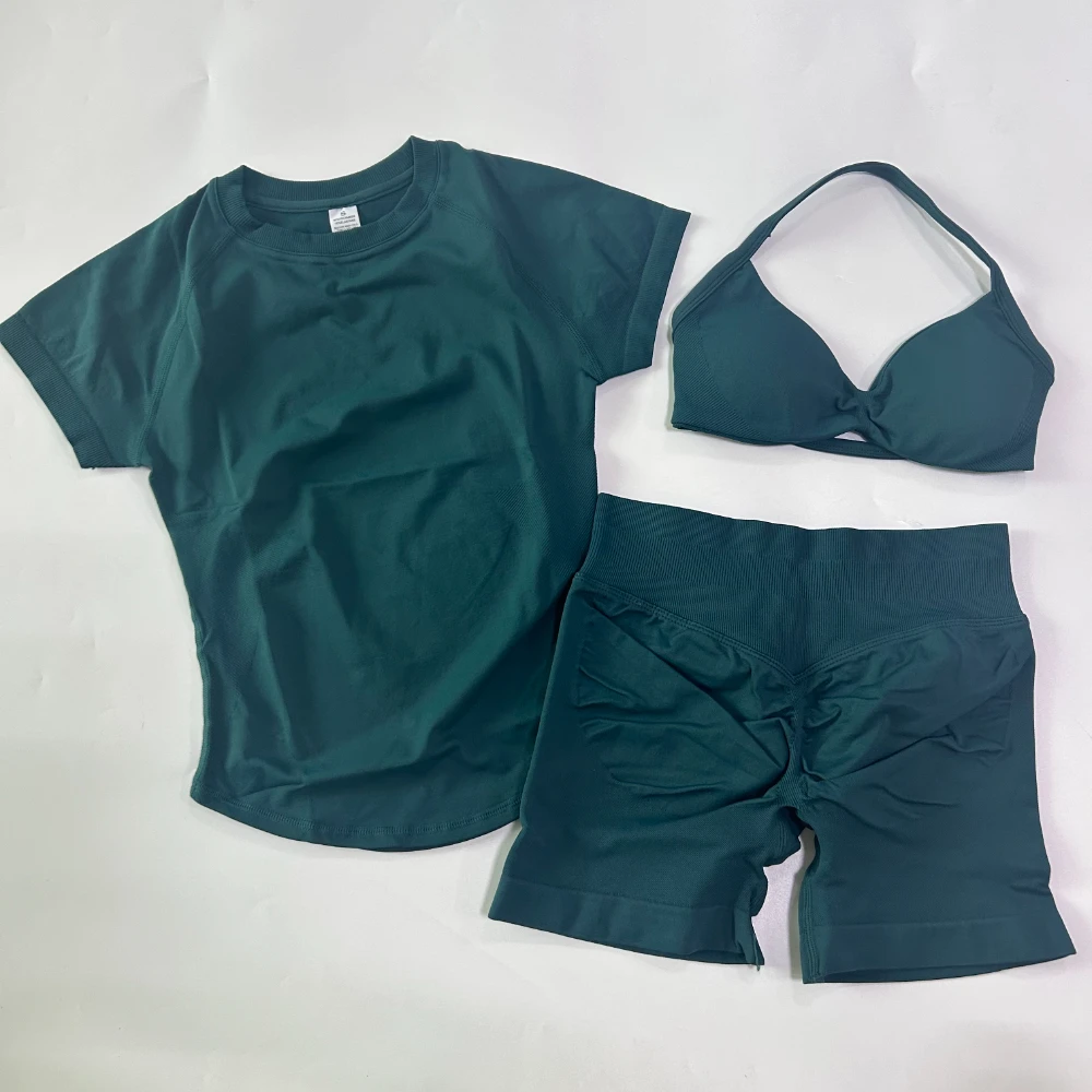 3-teiliges Workout-Set für Damen: Sport-BH mit Trägern + Sport-Top mit langen Ärmeln + Yoga-Shorts, Sportanzug, Yoga-Kleidung, Fitness-Outfit – Detail 13