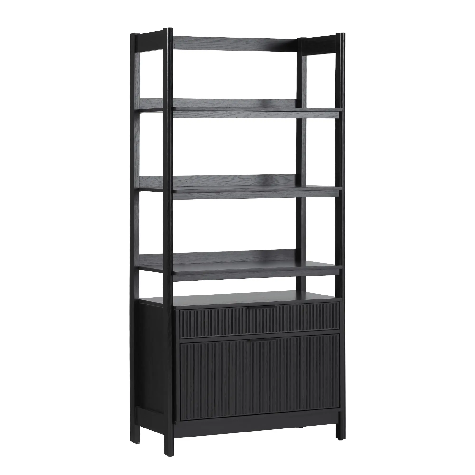 Transitional Open Reeded 4-Shelf Bookshelf with Drawers on Bottom, Versatile Bookcase with Bottom Storage for Home