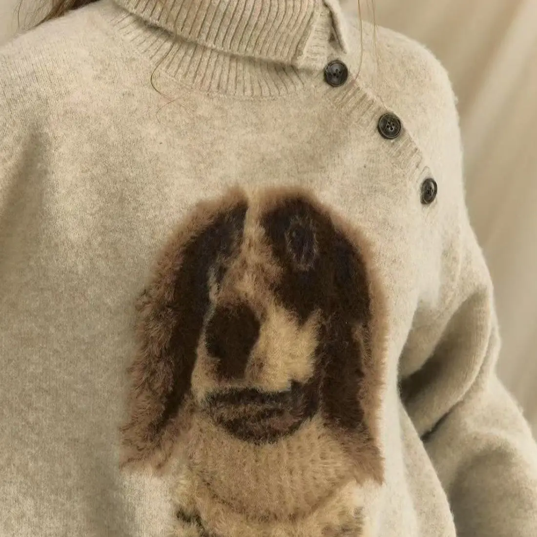 

Jacquard Puppy Lapel Retro Loose Autumn and Winter Knitted Sweater Turtleneck New Sweater