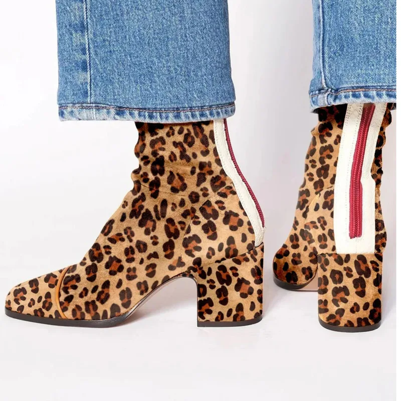 

Patchwork Leopard Print Square Toe Yellow Chunky Heel Boots 2025 Fashion British Style Women's Boots
