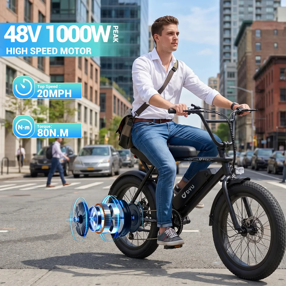 DYU BMX Electric Bike 20*3.0 Fat Tire E-Bike 48V 13Ah Removable Battery 1000W Peak Motor City Electric Bicycle for Adults image 4
