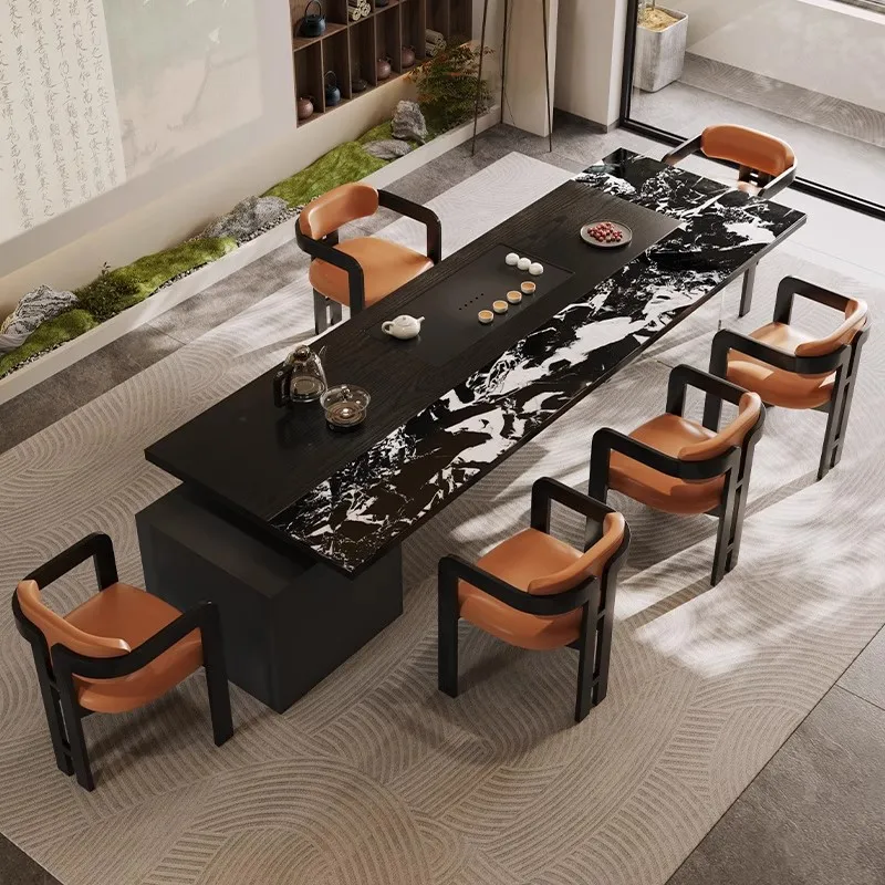 Modern visual black Italian minimalist rock slab tea tea table and chair combination one table five chairs