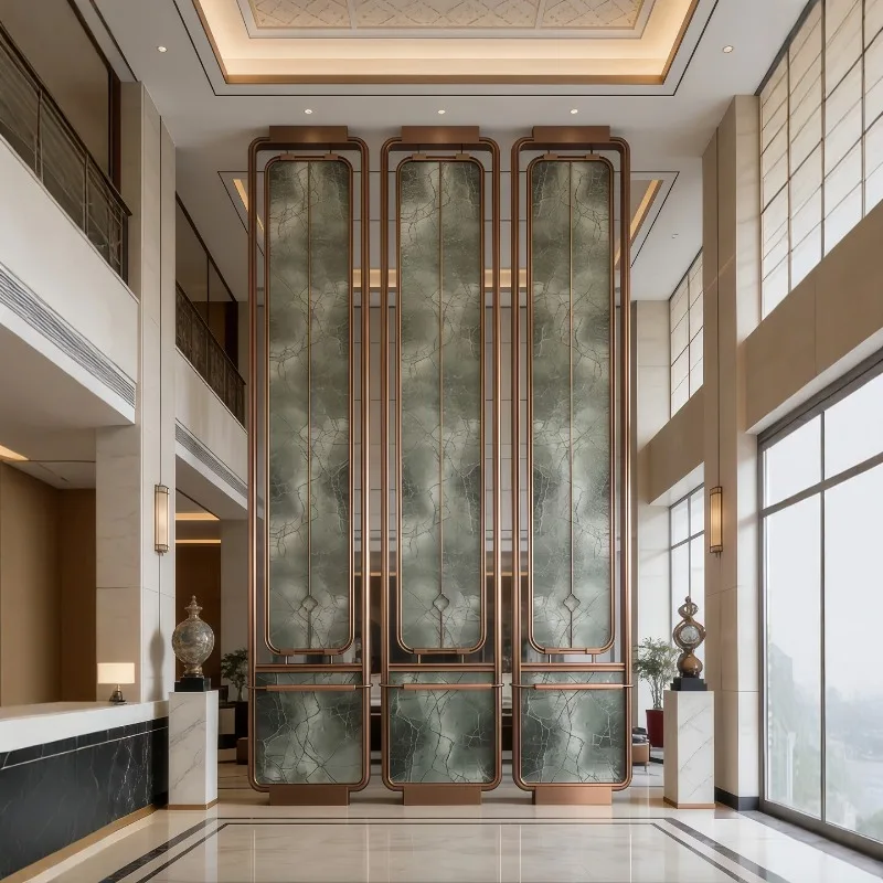 Stainless steel screen partition restaurant hotel lobby metal glass partition new Chinese art glass screen customization