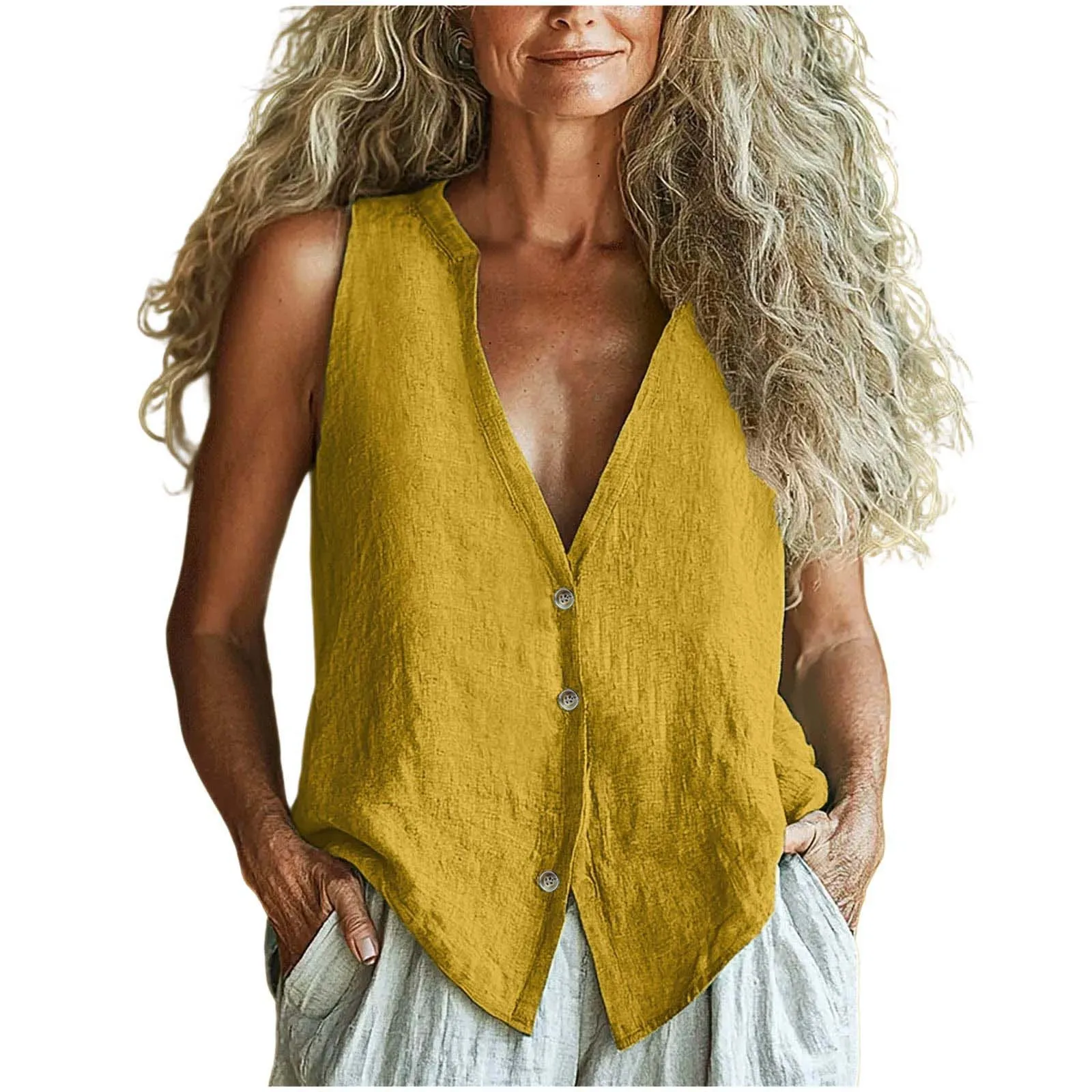 

Women's Classic Solid Color Loose Breathable Sleeveless V-Neck Vest Top Basic Thin Daily Holiday Style Button Down Top
