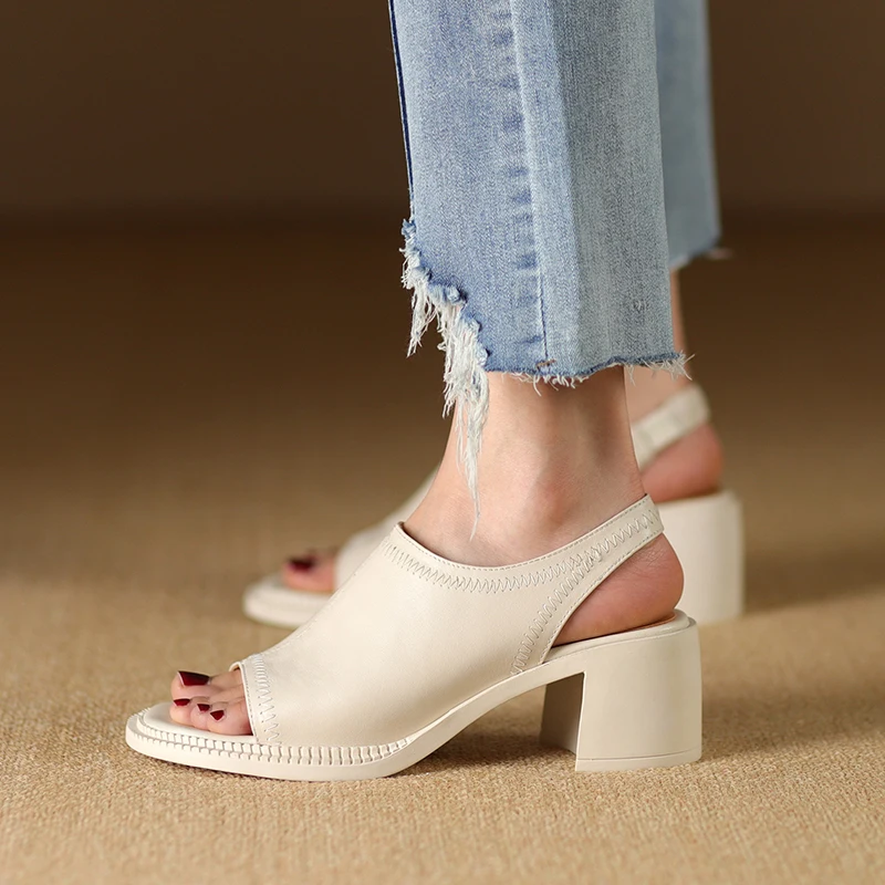 New Summer Women Sandals Genuine Leather Shoes for Women Open Toe Slingback Shoes peep toe Chunky Heel Beige Gladiator Shoes