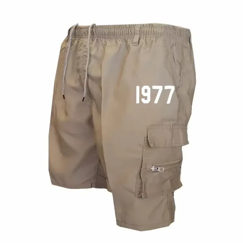 2026 Men's Fashion Summer Beige Drawstring Work Pants White 1977 Digital Pattern Multi Zipper Pocket Casual Work Shorts