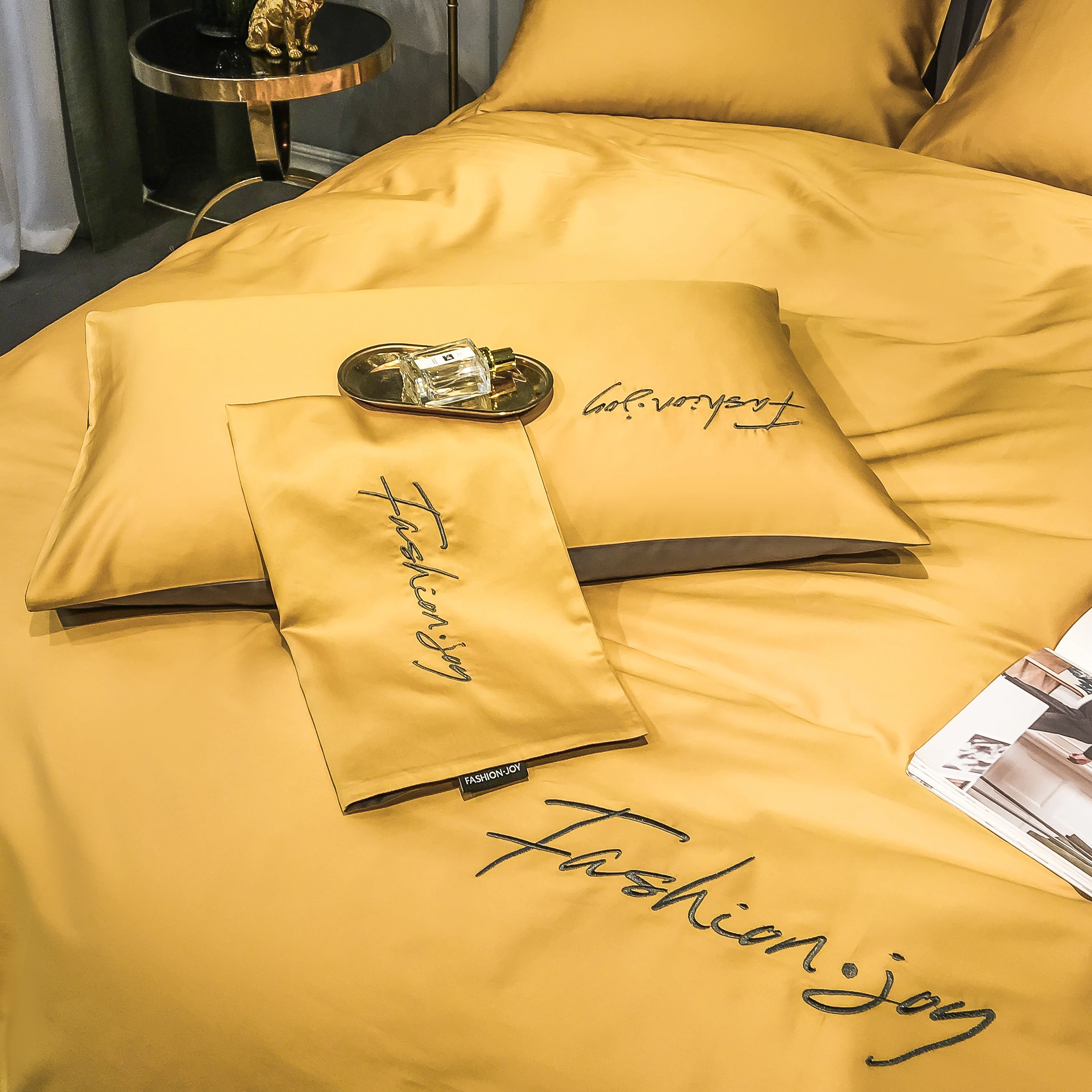 2022 Long-staple Cotton Four-piece Bed Linen New Stitching Embroidery Plain Color Cotton Bedding Light Luxury Style Yellow Color