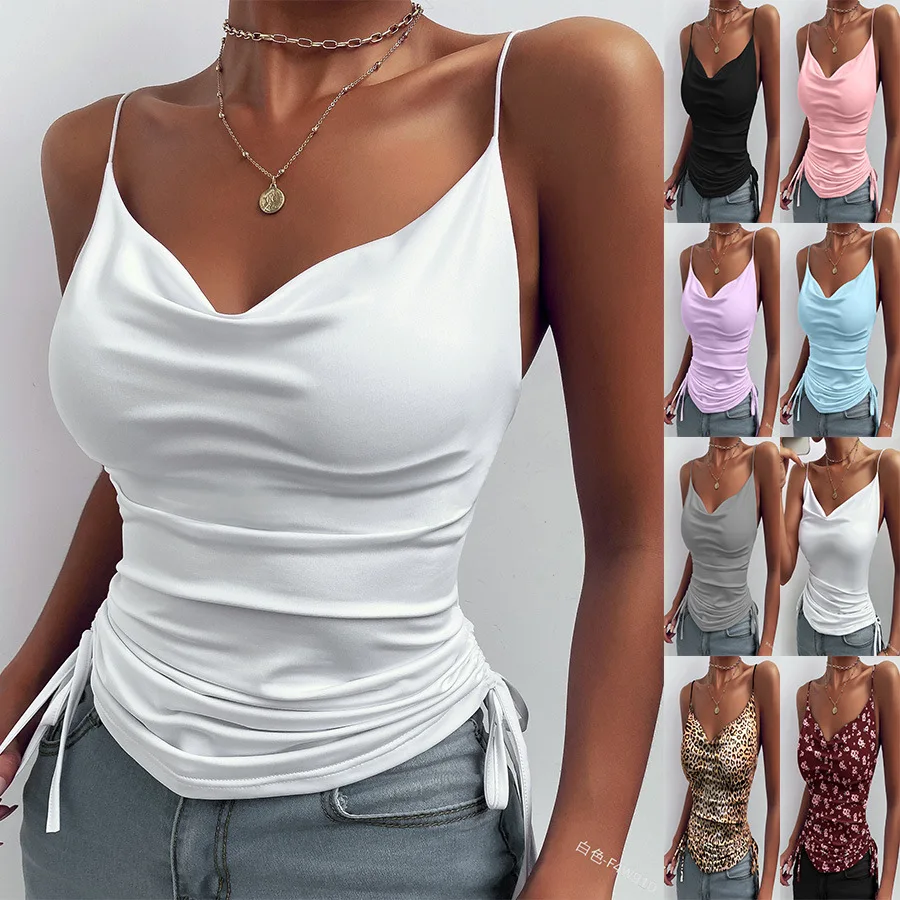 

Summer Printed Camisole Solid Color Deep V-Neck Camisole Tight Drawstring Casual Tank Top Women's Clothing
