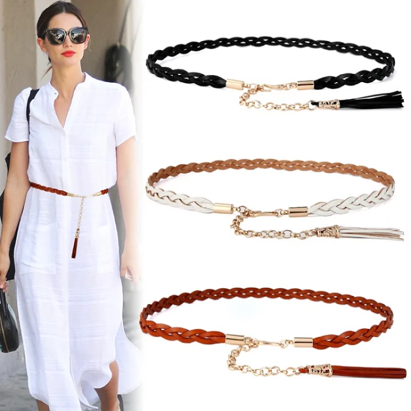 

Western Cowhide Leather Braided Thin Women Leather Waistband Belt Fashion Decoration Skinny Dress Belt for Ladies