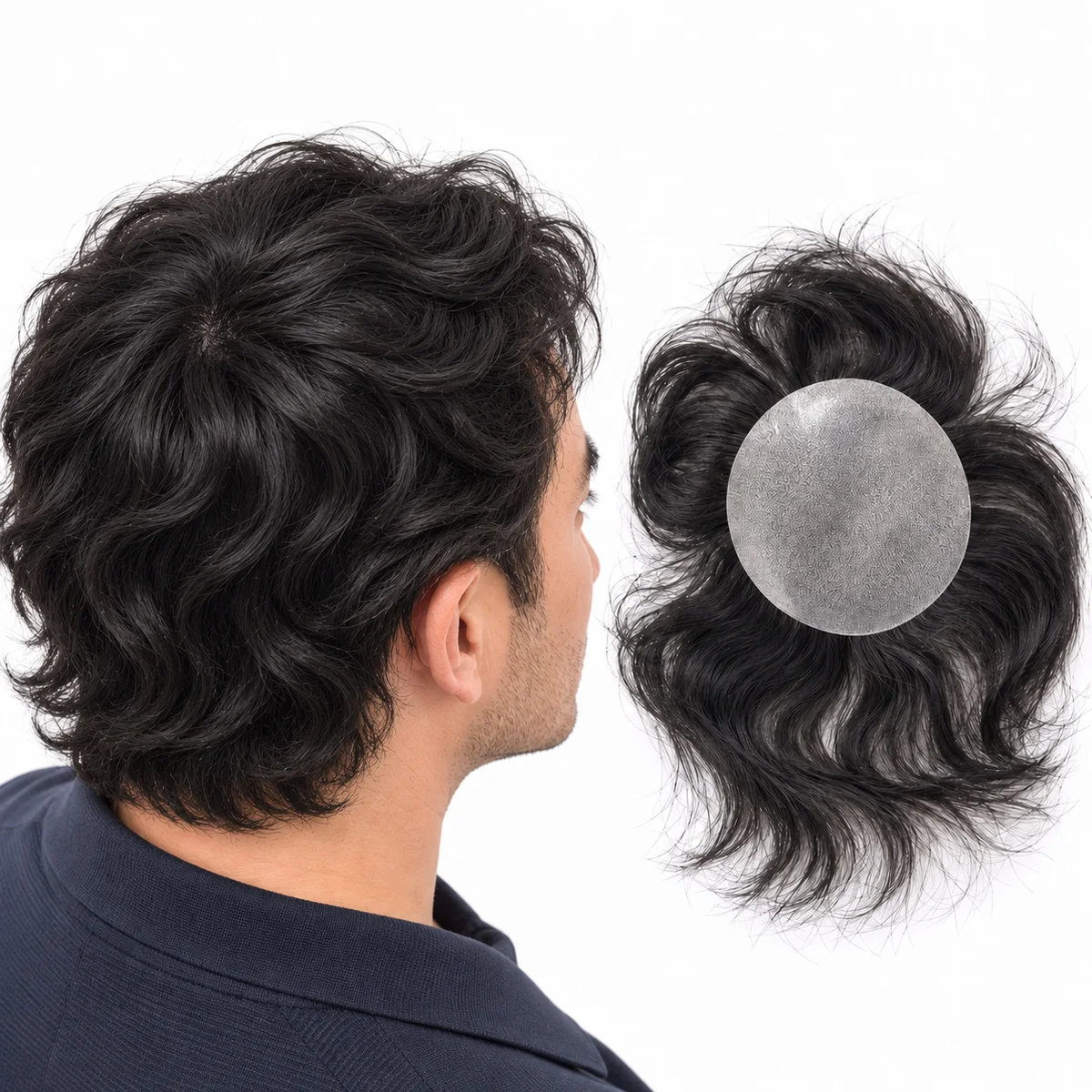 Men's 6 Inch European Human Hair Toupee Patch Full PU Skin Base 40mm Wave 110% Density 3.15x3.15 Inch Hair Replacement System
