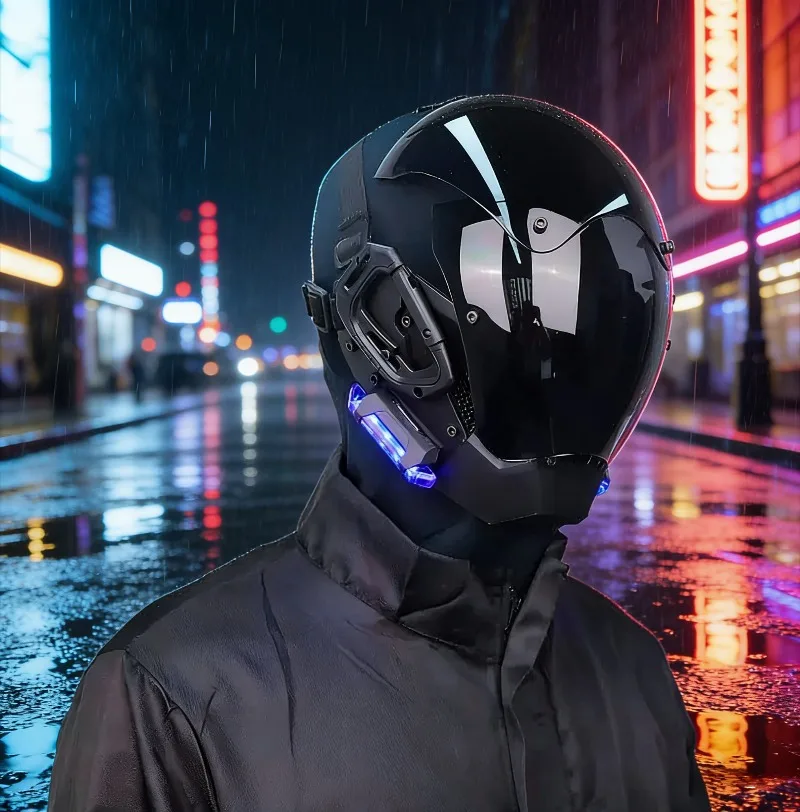 Tech Mecha Helmet Cyberpunk Mask, Full Face Glow Hood, Party Cosplay Dress Up Props