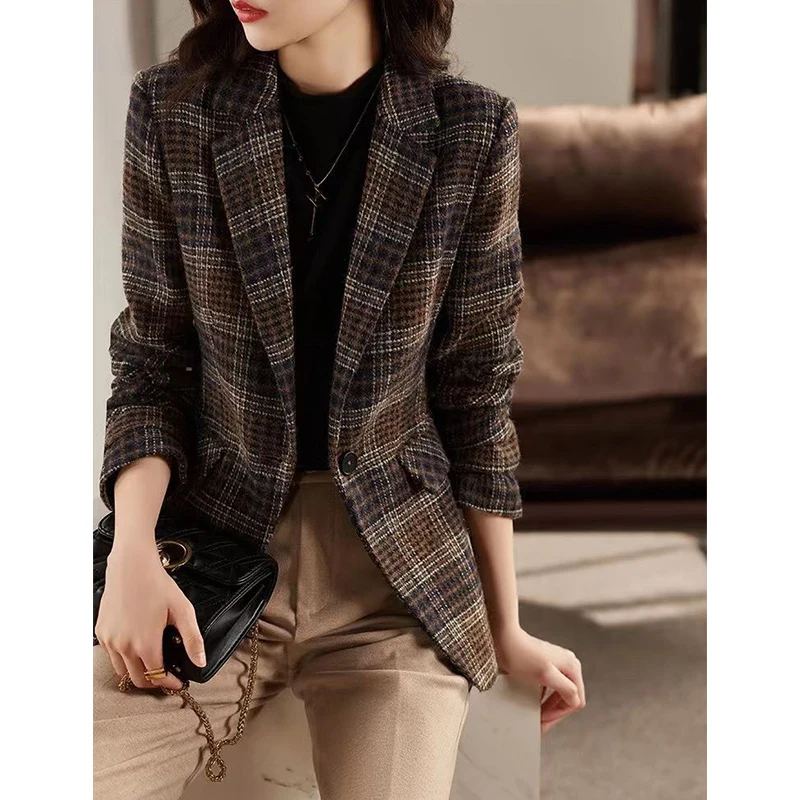 Autumn Winter Women\'s Vintage Plaid Printing Casual Fashion Blazers Female Slim All-match Woolen Jacket Ladies Elegant Coat Suit