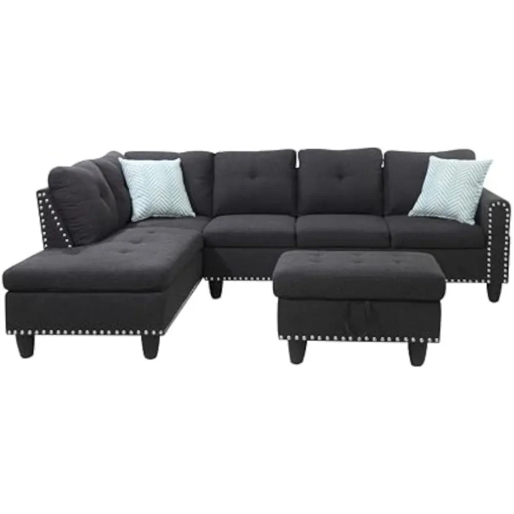 

Sofa Furniture Set with Storage Ottoman, Right Hand Facing Chaise Longue and Cup Holder and Pillow, Dark Grey Sofa