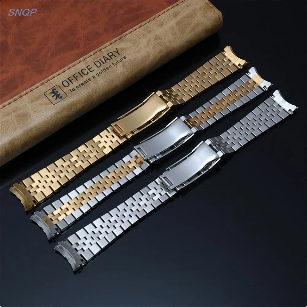 남녀공용 솔리드 스테인레스 스틸 시계 밴드, 곡선 엔드 금속 접이식 버클, 손목 팔찌 스트랩 액세서리, 실버 골드, 20mm