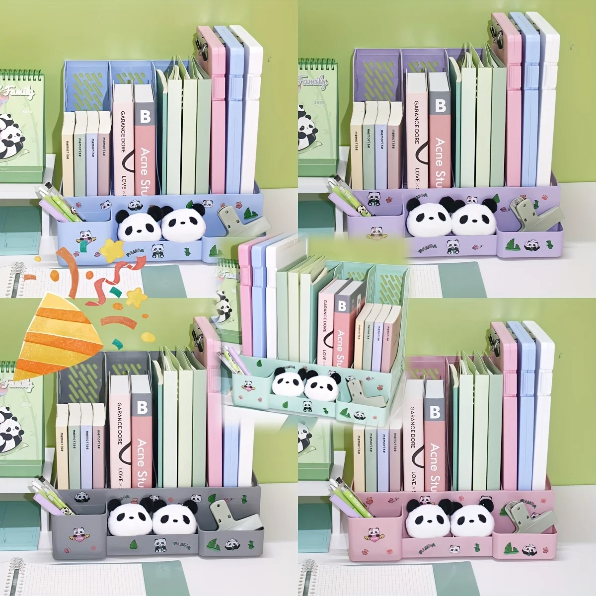 

4-Tier Plastic File Organizer with Pen Holder & Cute Panda Stickers - Multi-Purpose Desk Organizer for Home Office, Study