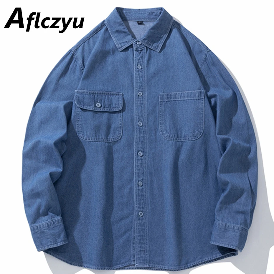 

Harajuku Denim Shirts Men Spring Autumn Long Sleeve Shirts Fashion Casual Solid Color Cargo Shirts Male