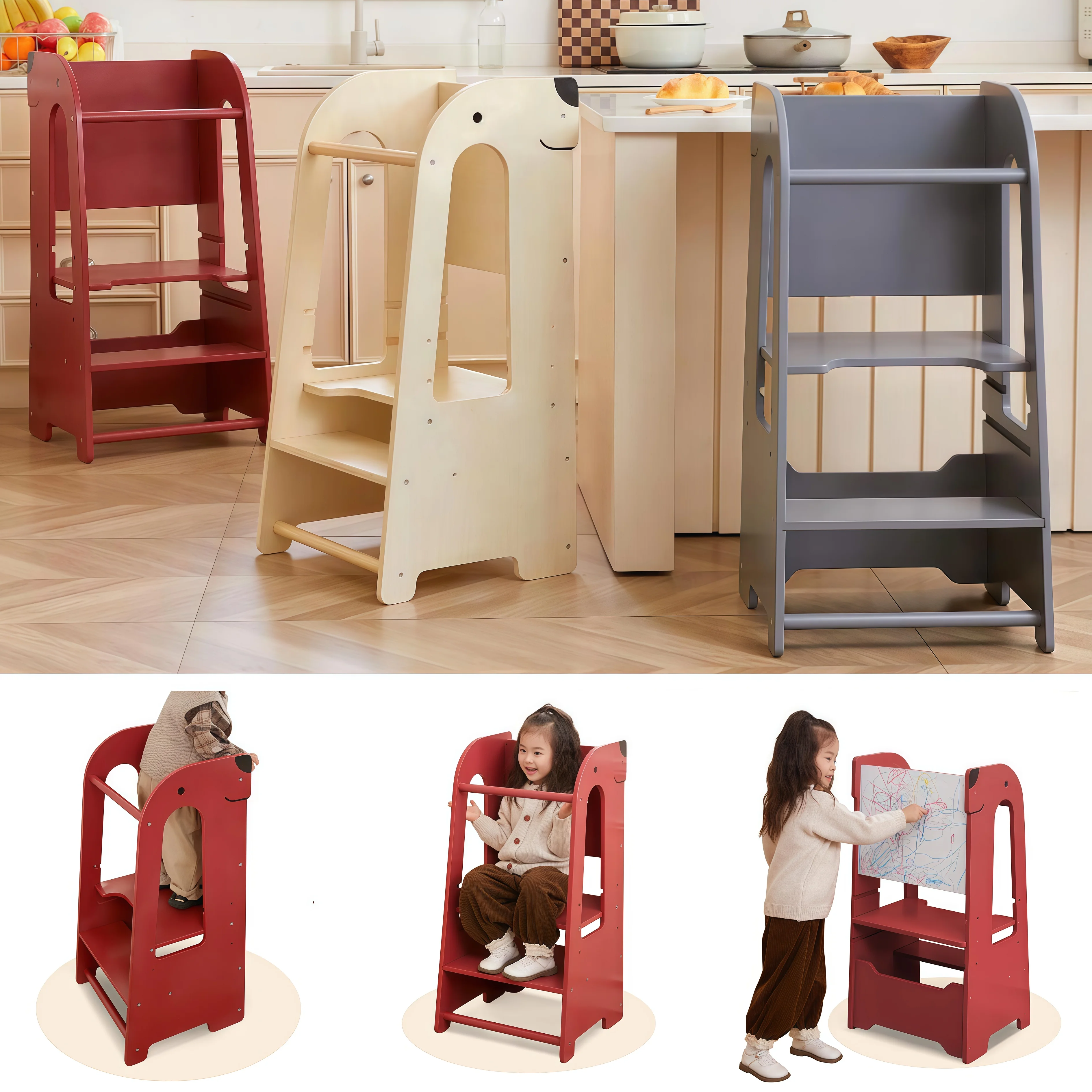 Adjustable Height Toddler Kitchen Stool Helper Toddler Standing Tower Kids Kitchen Step Stool Wooden Kids Learning Tower