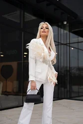 White Feather Wedding Women Suits Pants Set 2 Piece Crystal Blazer+Trousers Jacket Tuxedos Office Lady Prom Dress Coat Tailored