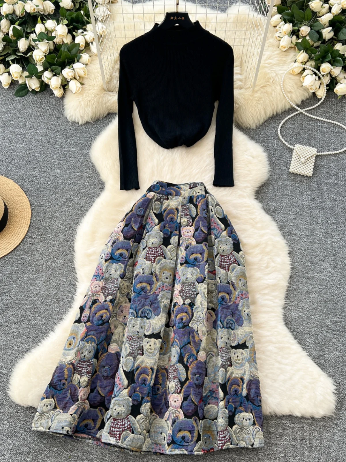 Women's Fashionable Knitted Sweater Base Layer Bear Embroidery High Waist Maxi Skirt Set Autumn Winter New Arrival