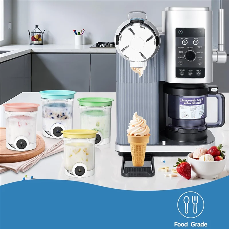 

A84E-4-Pack Cream Swirl Pints For Ninja Ice Cream Maker NC700-Containers For Soft Serve Ice Cream Makers