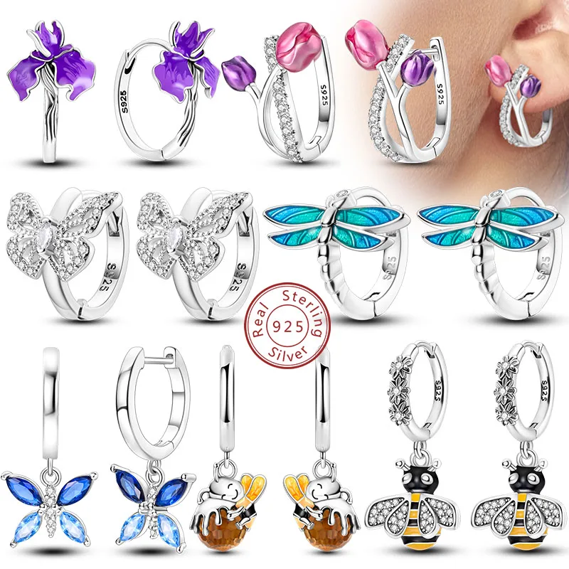 Neue Creolen aus 925er-Sterlingsilber, bunte Blume, Schmetterling, Biene, Tropfenohrring für Frauen, Geburtstagsfeier, Modeschmuck, Geschenke