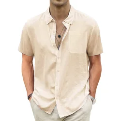 Men's Cotton Linen Short Sleeve Shirts Casual Lightweight Hawaiian Shirts Vacation Beach Summer Men Tops with Pocket