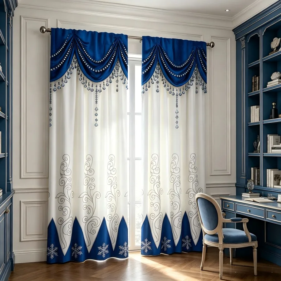 2PCS Digital Print  Curtain, Blue White Snowflake, Bohemian Style  Curtain Panel for Home Living Room Bedroom Decor