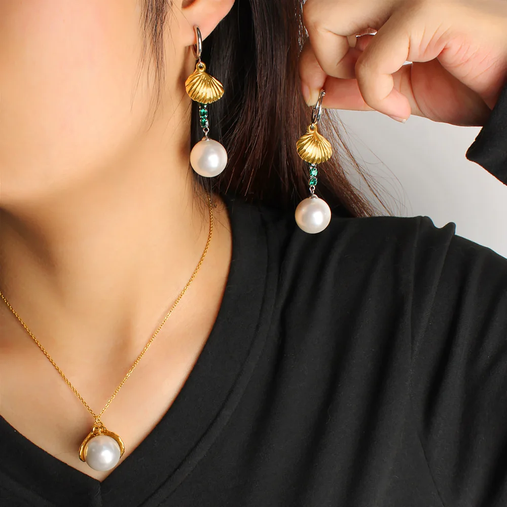DIY accessories French Vintage Romantic Shell Pearl Earrings Stainless Steel Pendant Necklace Premium Light Luxury Christmas Jew