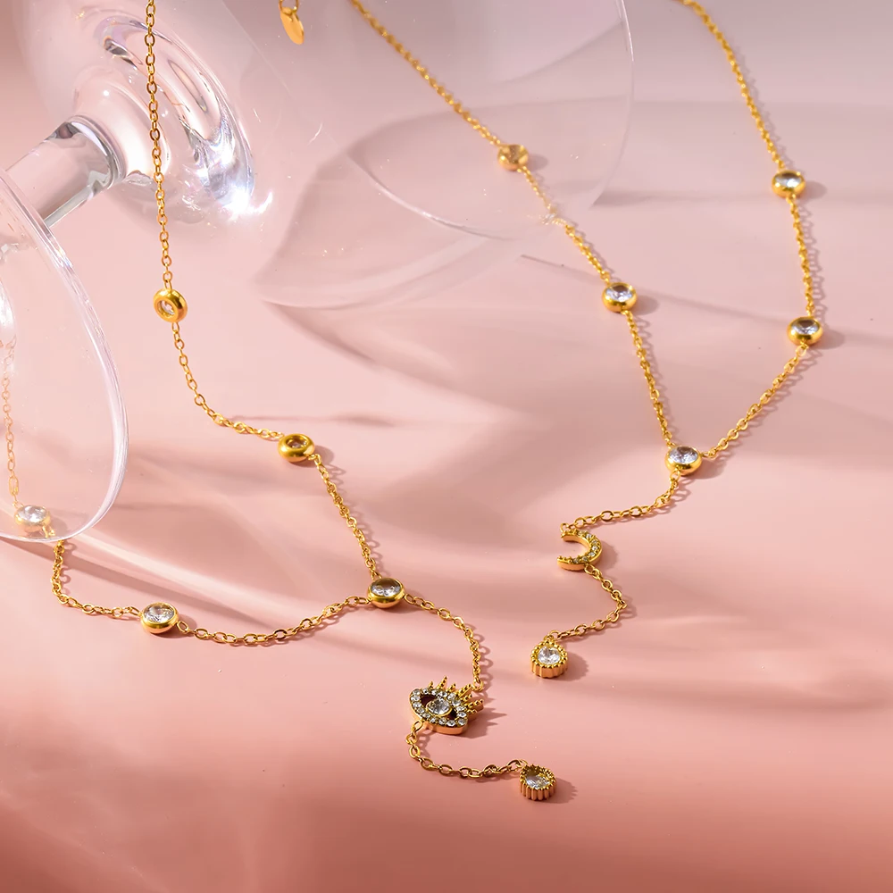 Elegant 18K Gold Plated Geometric Star Y-Necklace Pavé Zirconia Stainless Steel Chain Luxury Jewelry for Women Unique Gift