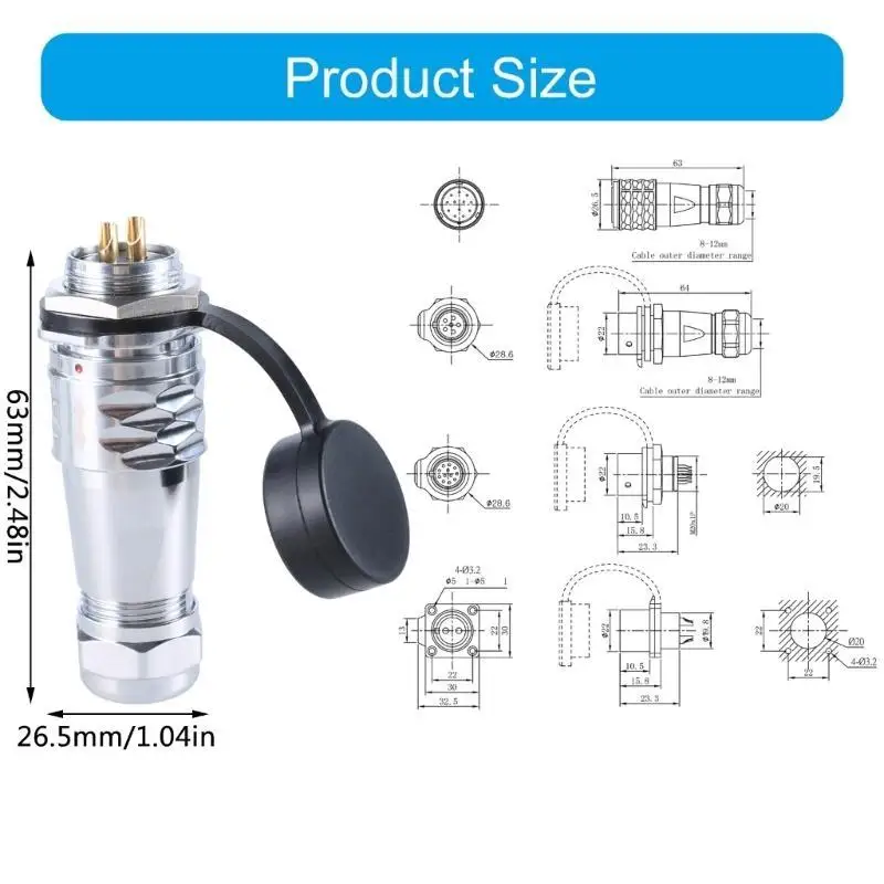 R53C Wetterfester 2-poliger Kabelstecker, 20 mm, Panelmontage, Buchsenstecker, Stecker, IP67 – Detail 6