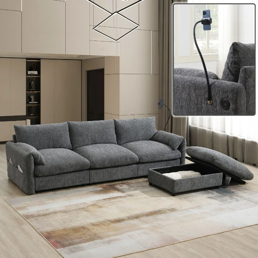 

[VIDEO+NEW]96.5'' Chenille Sectional Sofa with Storage man and Pockets Adjustable Phone Holder Wide Seat 4 Seat L Shaped Couch