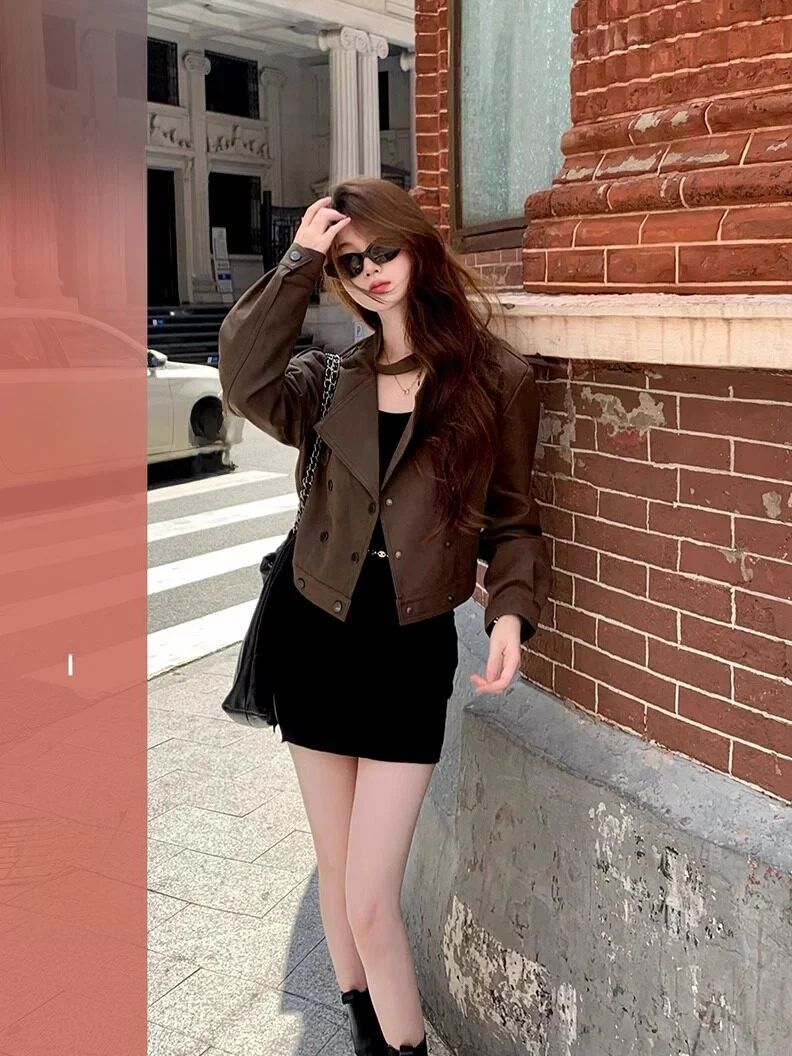 

Vintage Feel ort Retro Sle Loose Motorcycle Jaet Women's Autumn Outerwear Turn-down Collar Faded Leather Coat