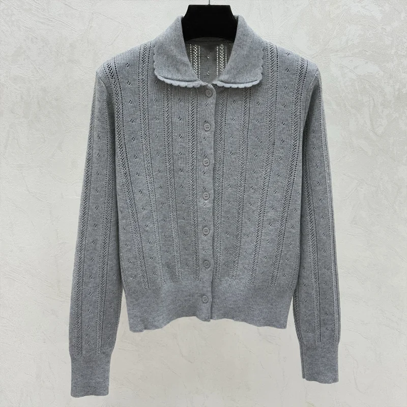 

High quality wavy edge turn-down collar single-breasted women's knitted sweater cardigan comfortable 25120681